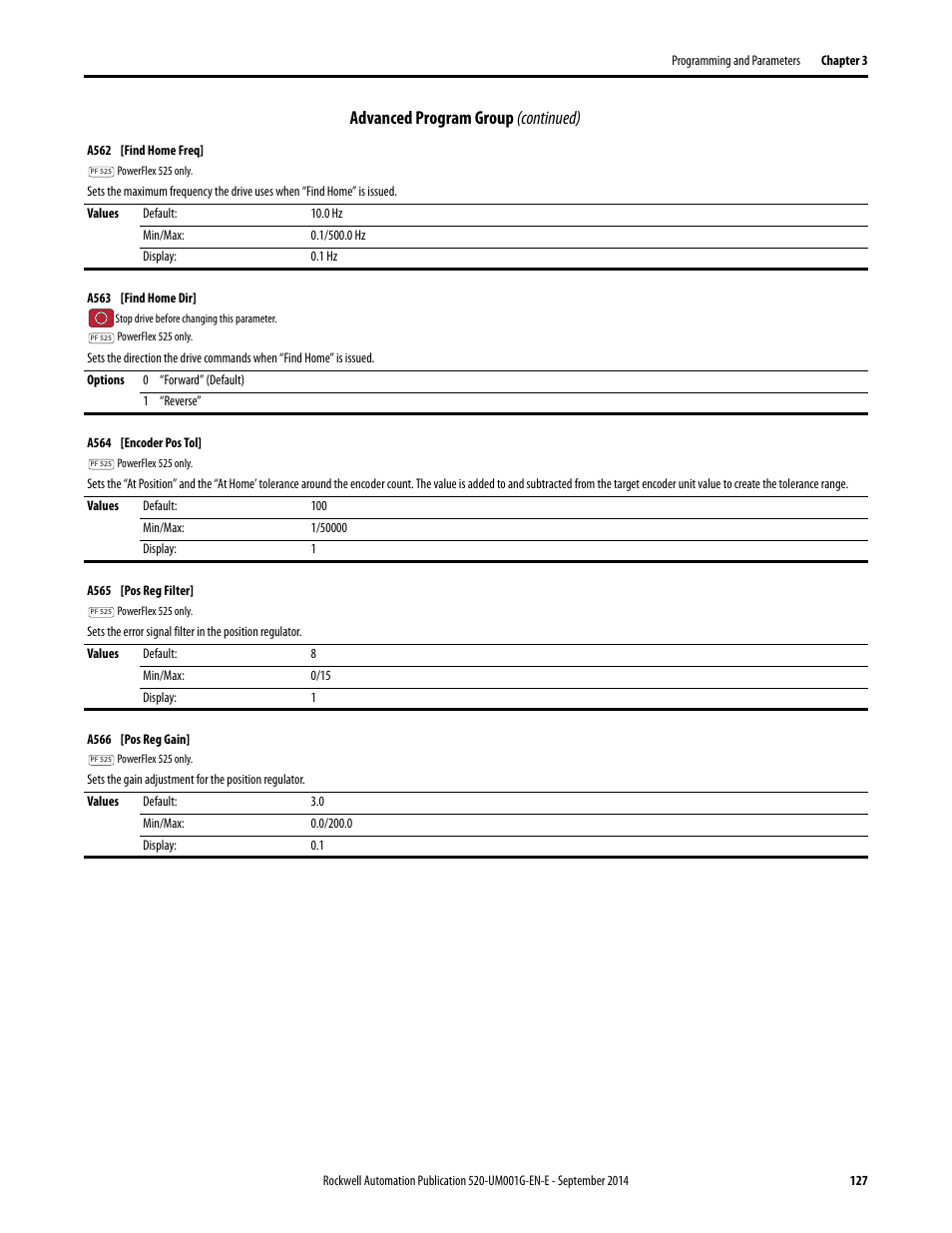 A562, A563, A564 | Advanced program group (continued) | Rockwell Automation 25B PowerFlex 520-Series Adjustable Frequency AC Drive User Manual User Manual | Page 127 / 244