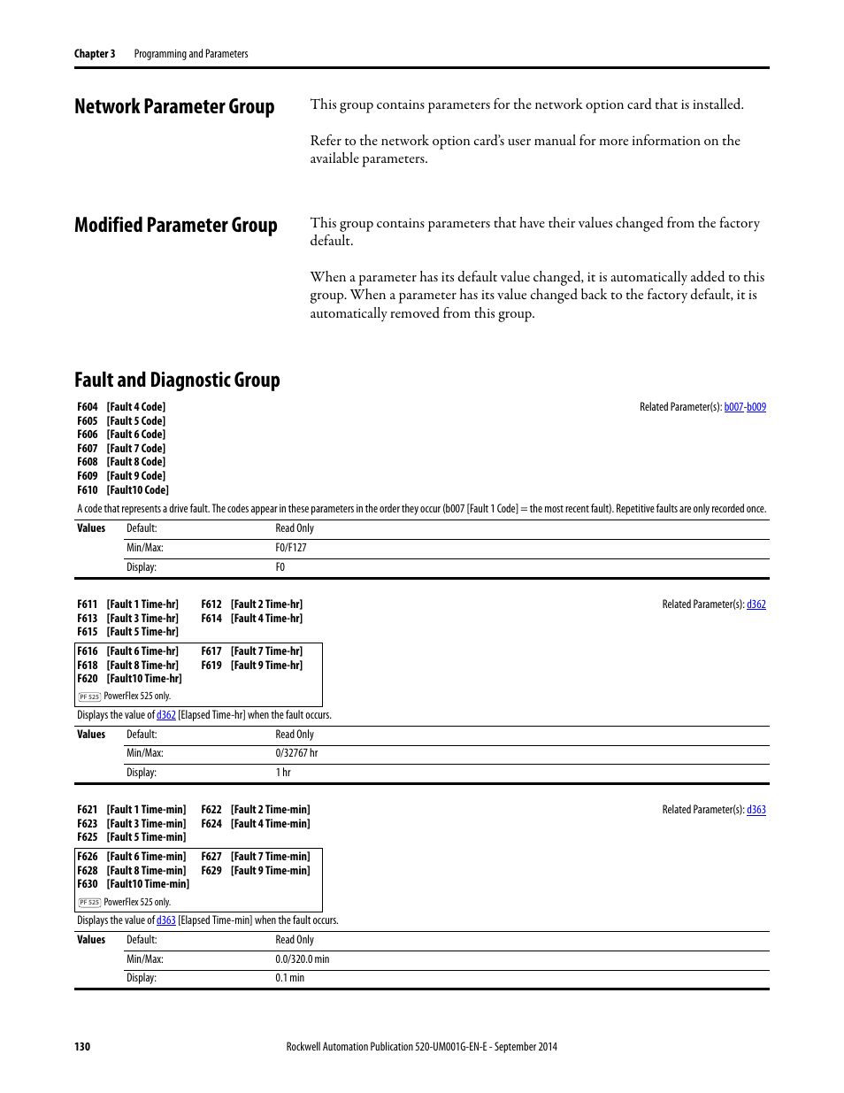 Network parameter group, Modified parameter group, Fault and diagnostic group | For mor | Rockwell Automation 25B PowerFlex 520-Series Adjustable Frequency AC Drive User Manual User Manual | Page 130 / 244