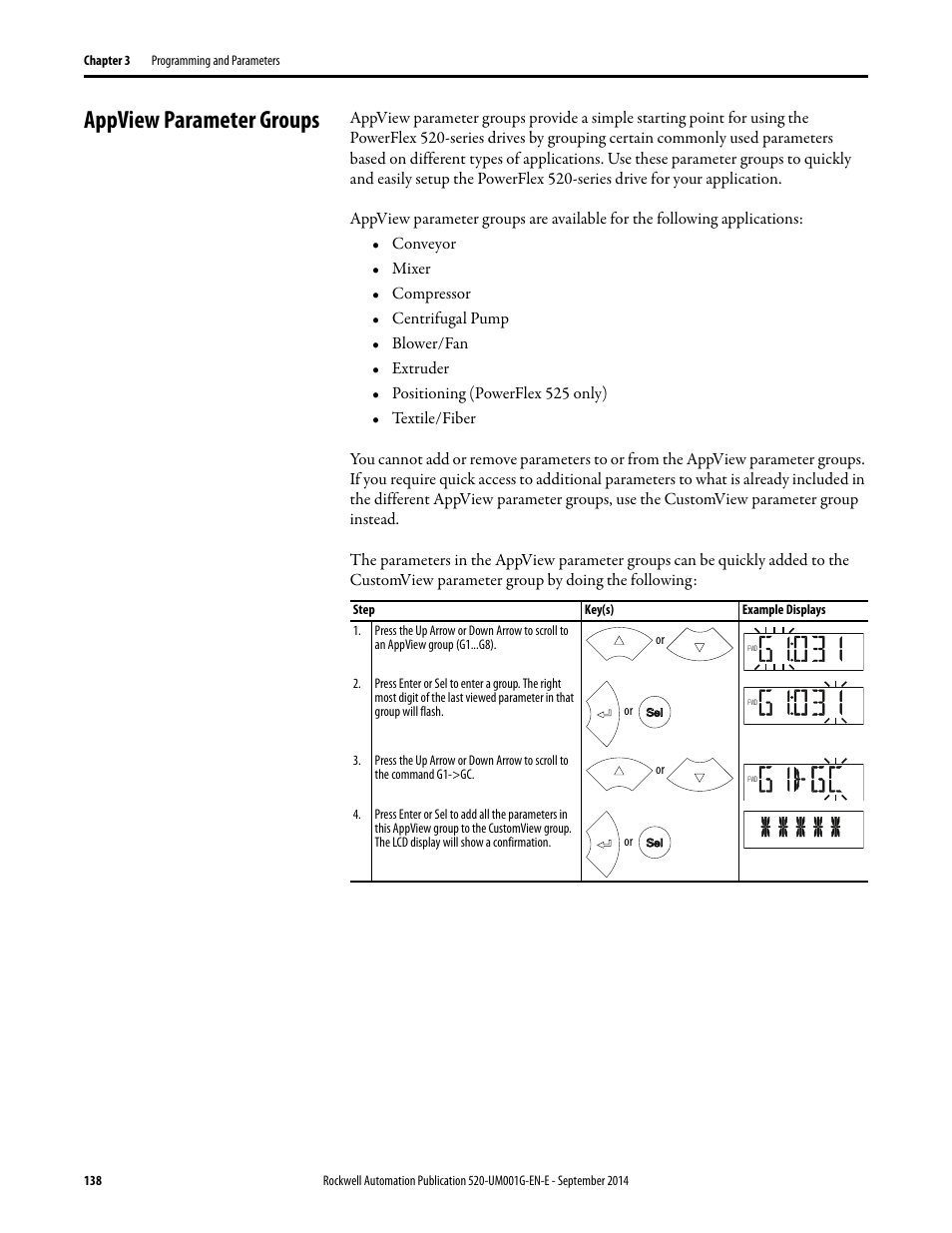 Appview parameter groups | Rockwell Automation 25B PowerFlex 520-Series Adjustable Frequency AC Drive User Manual User Manual | Page 138 / 244