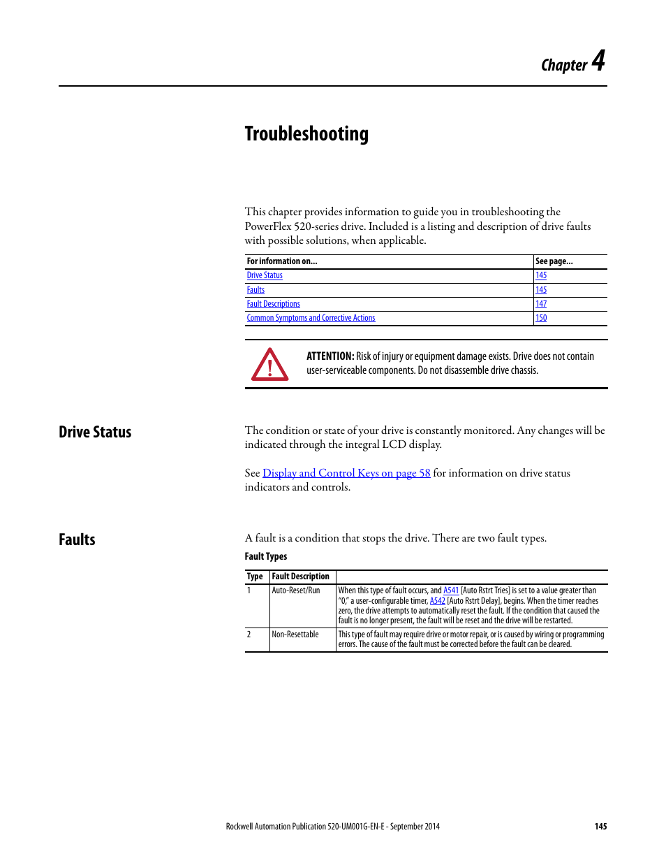 Troubleshooting, Drive status, Faults | Chapter 4, Drive status faults, Chapter | Rockwell Automation 25B PowerFlex 520-Series Adjustable Frequency AC Drive User Manual User Manual | Page 145 / 244