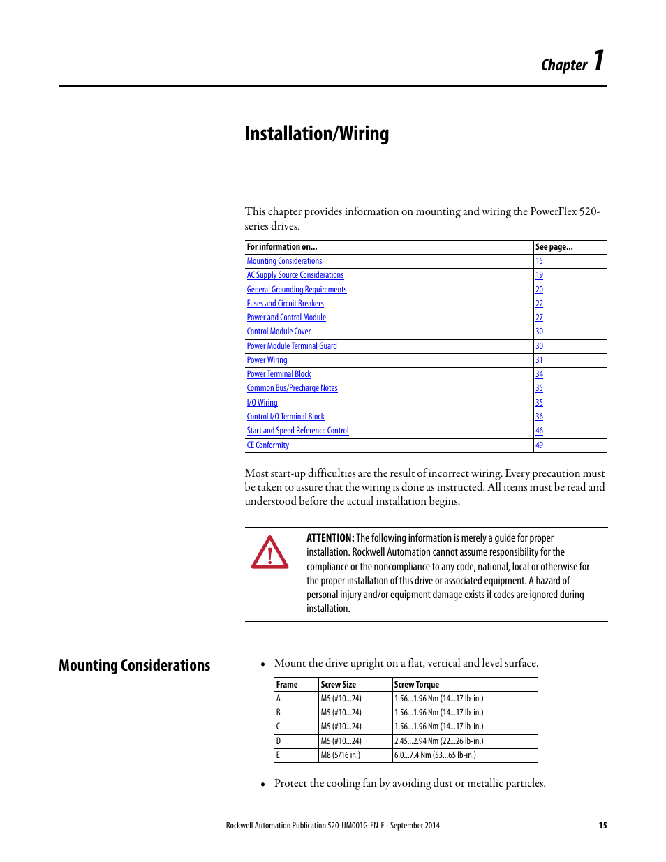 Installation/wiring, Mounting considerations, Chapter 1 | Chapter | Rockwell Automation 25B PowerFlex 520-Series Adjustable Frequency AC Drive User Manual User Manual | Page 15 / 244