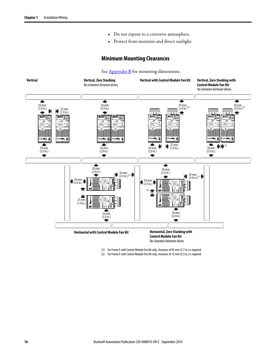 Minimum mounting clearances, See appendix b f or mounting dimensions | Rockwell Automation 25B PowerFlex 520-Series Adjustable Frequency AC Drive User Manual User Manual | Page 16 / 244