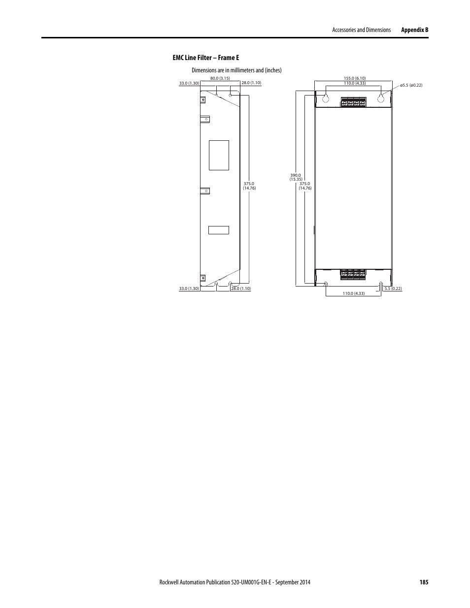 Emc line filter – frame e, Dimensions are in millimeters and (inches) | Rockwell Automation 25B PowerFlex 520-Series Adjustable Frequency AC Drive User Manual User Manual | Page 185 / 244