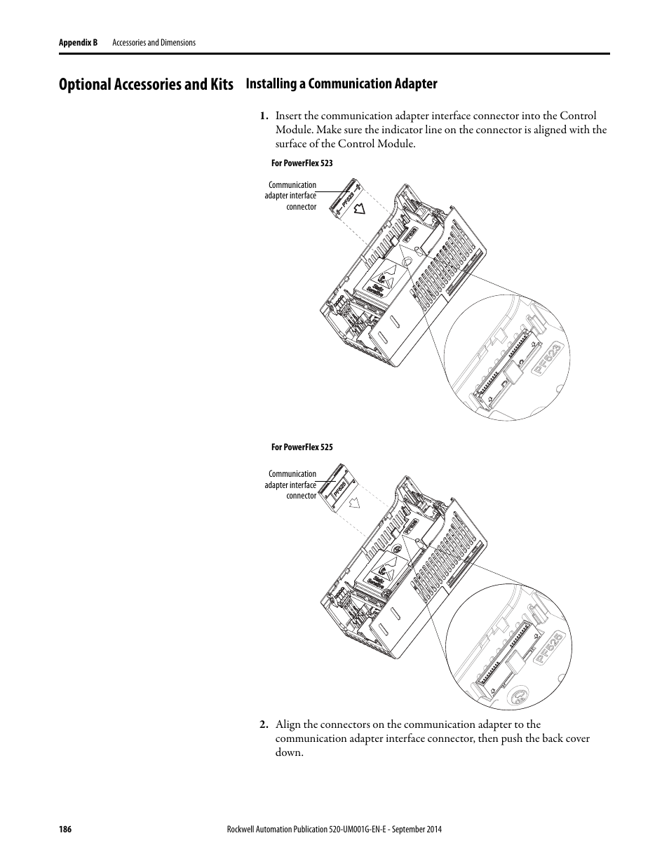 Optional accessories and kits, Installing a communication adapter | Rockwell Automation 25B PowerFlex 520-Series Adjustable Frequency AC Drive User Manual User Manual | Page 186 / 244