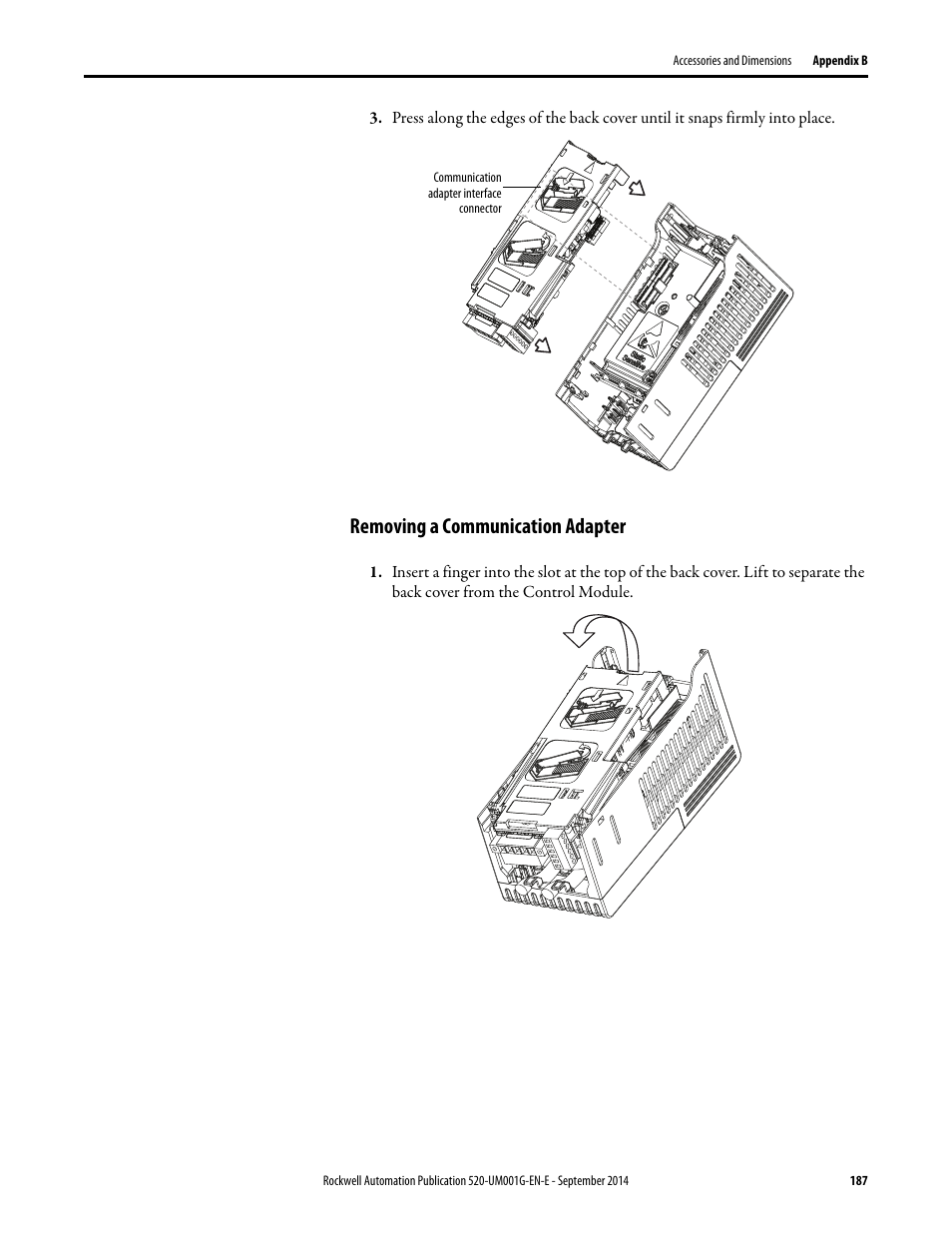 Removing a communication adapter | Rockwell Automation 25B PowerFlex 520-Series Adjustable Frequency AC Drive User Manual User Manual | Page 187 / 244