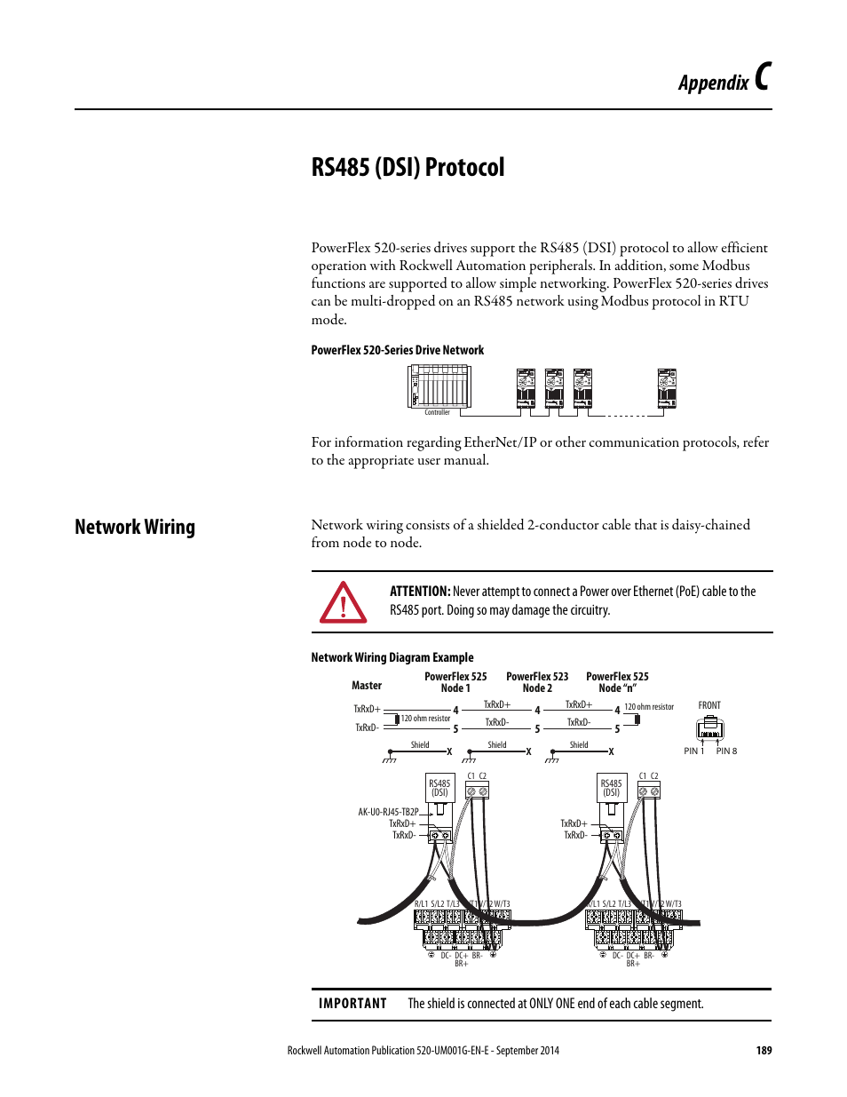 Rs485 (dsi) protocol, Network wiring, Appendix c | Appendix | Rockwell Automation 25B PowerFlex 520-Series Adjustable Frequency AC Drive User Manual User Manual | Page 189 / 244