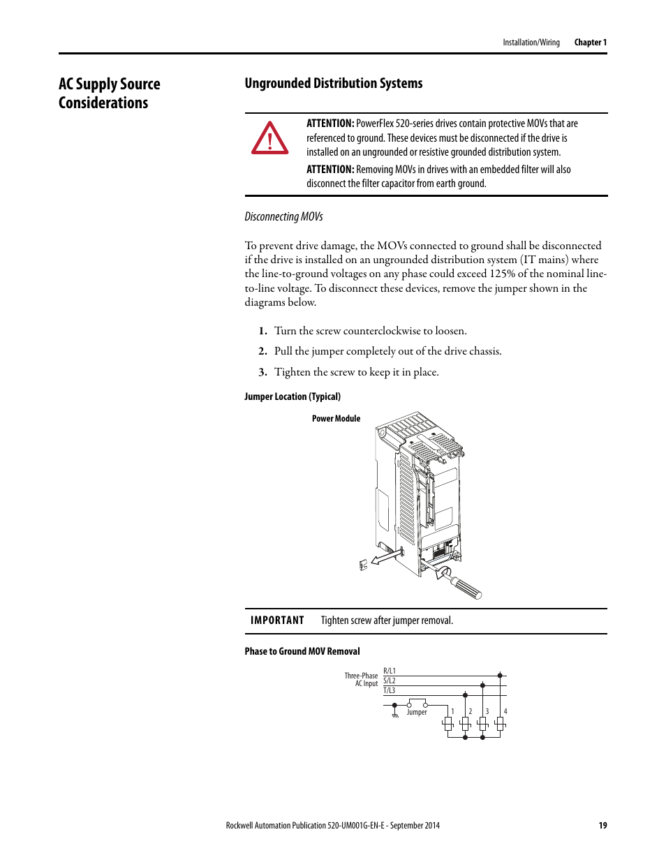 Ac supply source considerations, Ungrounded distribution systems | Rockwell Automation 25B PowerFlex 520-Series Adjustable Frequency AC Drive User Manual User Manual | Page 19 / 244