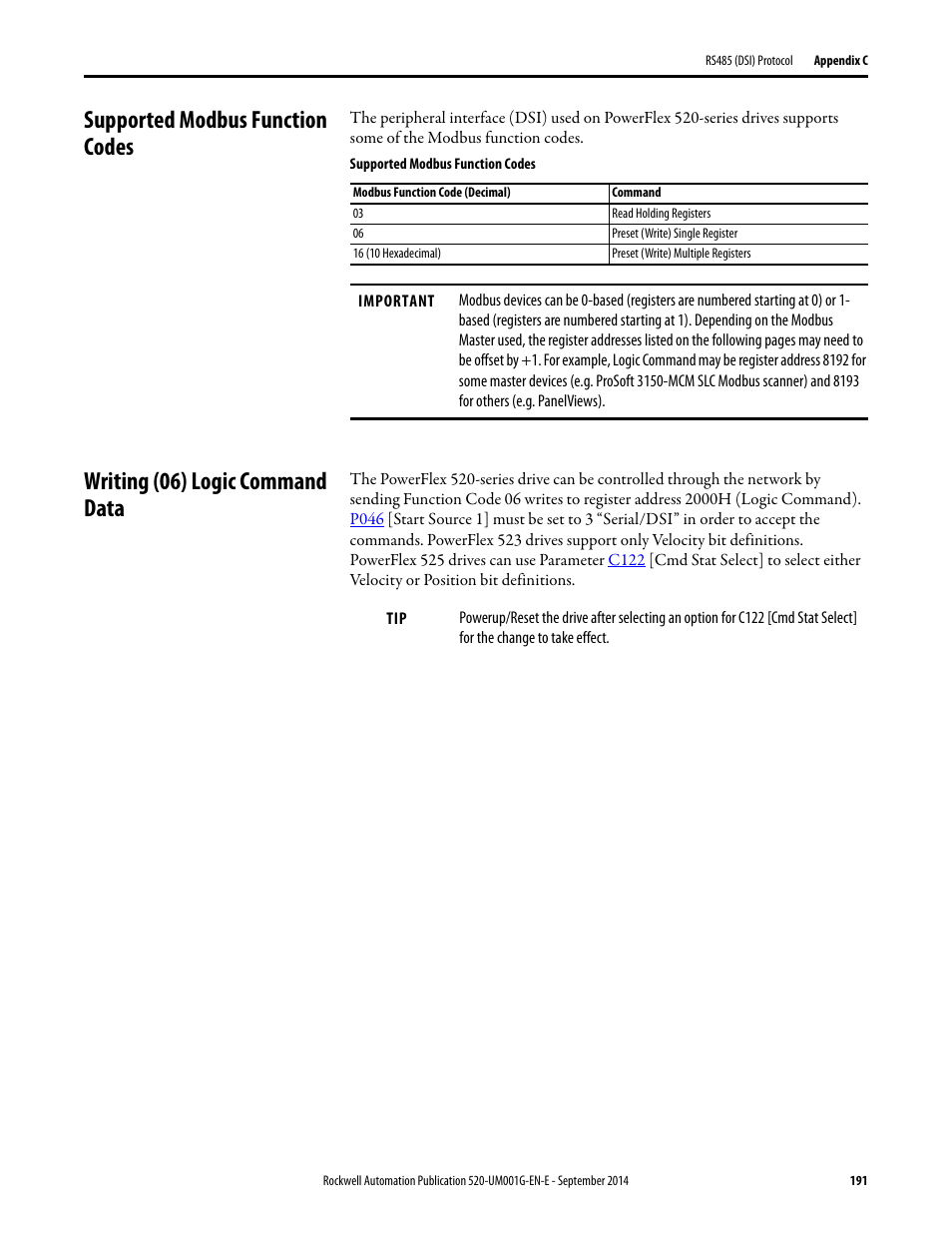 Supported modbus function codes, Writing (06) logic command data | Rockwell Automation 25B PowerFlex 520-Series Adjustable Frequency AC Drive User Manual User Manual | Page 191 / 244