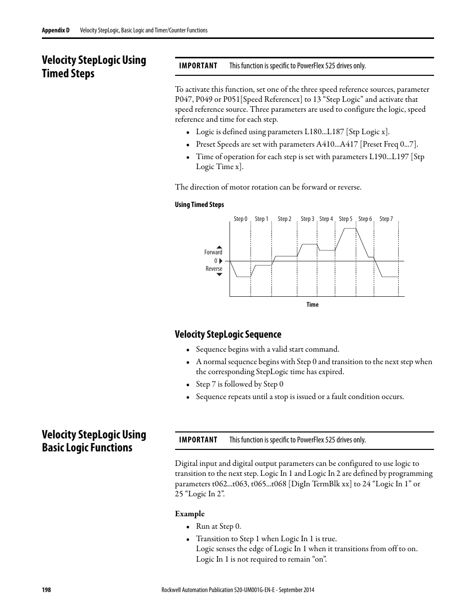 Velocity steplogic using timed steps, Velocity steplogic sequence, Velocity steplogic using basic logic functions | Rockwell Automation 25B PowerFlex 520-Series Adjustable Frequency AC Drive User Manual User Manual | Page 198 / 244