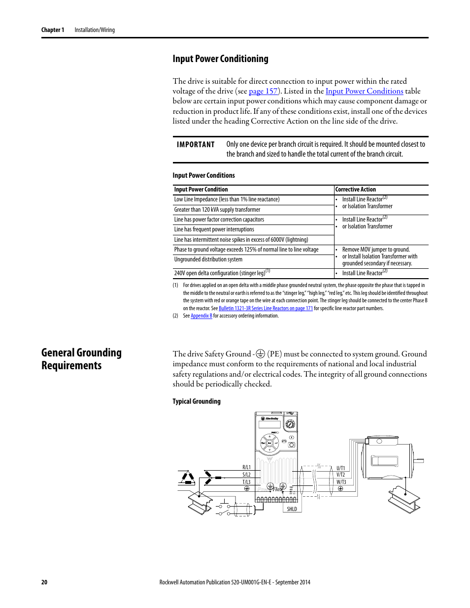 Input power conditioning, General grounding requirements | Rockwell Automation 25B PowerFlex 520-Series Adjustable Frequency AC Drive User Manual User Manual | Page 20 / 244