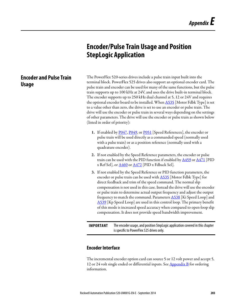 Encoder and pulse train usage, Encoder interface, Appendix e | Appendix | Rockwell Automation 25B PowerFlex 520-Series Adjustable Frequency AC Drive User Manual User Manual | Page 203 / 244