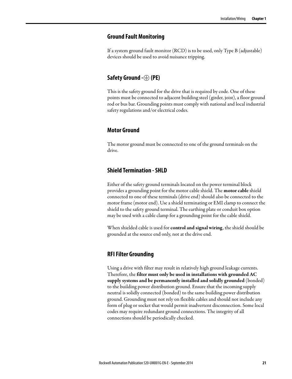 Ground fault monitoring, Safety ground - (pe), Motor ground | Shield termination - shld, Rfi filter grounding | Rockwell Automation 25B PowerFlex 520-Series Adjustable Frequency AC Drive User Manual User Manual | Page 21 / 244