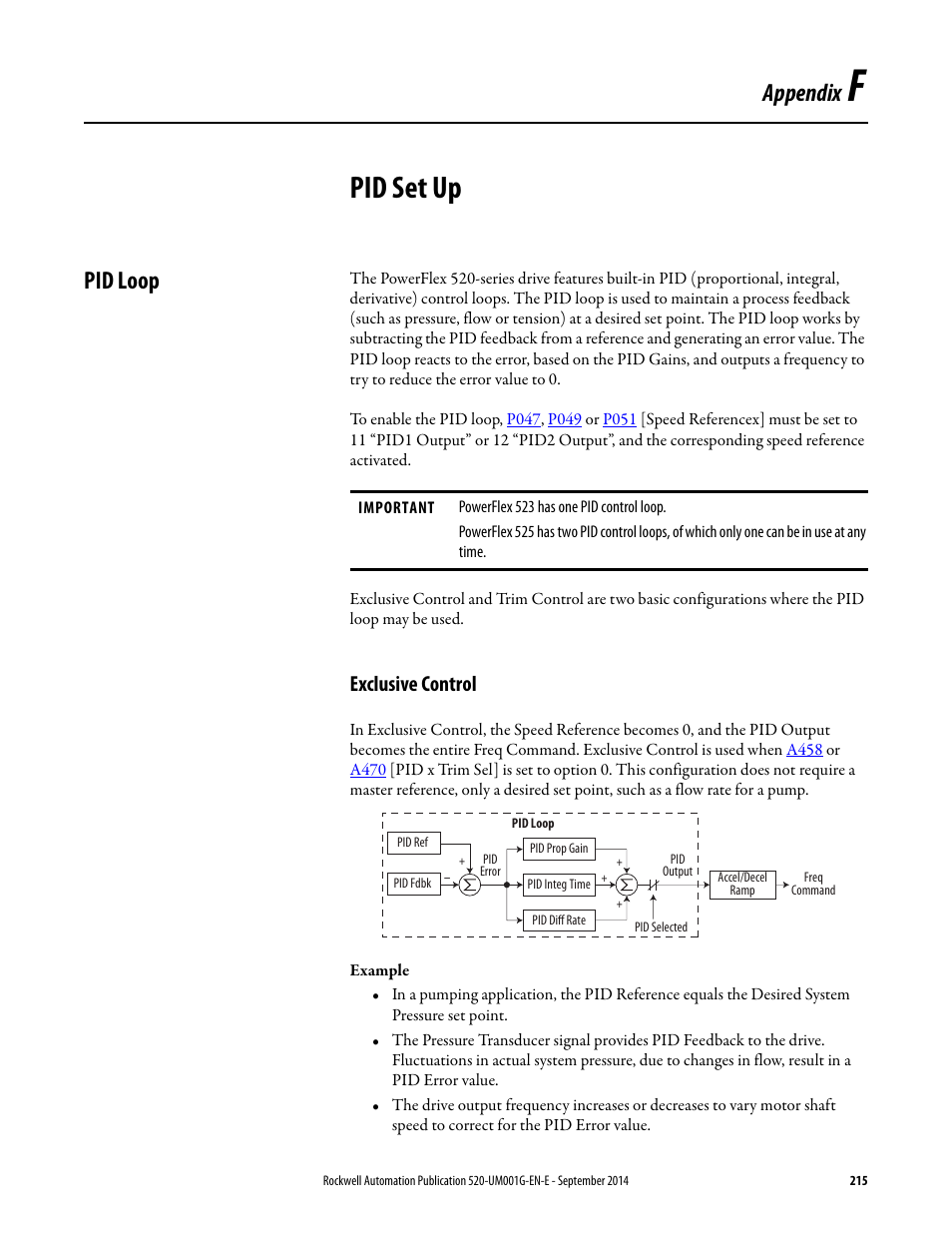 Pid set up, Pid loop, Exclusive control | Appendix f, Appendix | Rockwell Automation 25B PowerFlex 520-Series Adjustable Frequency AC Drive User Manual User Manual | Page 215 / 244