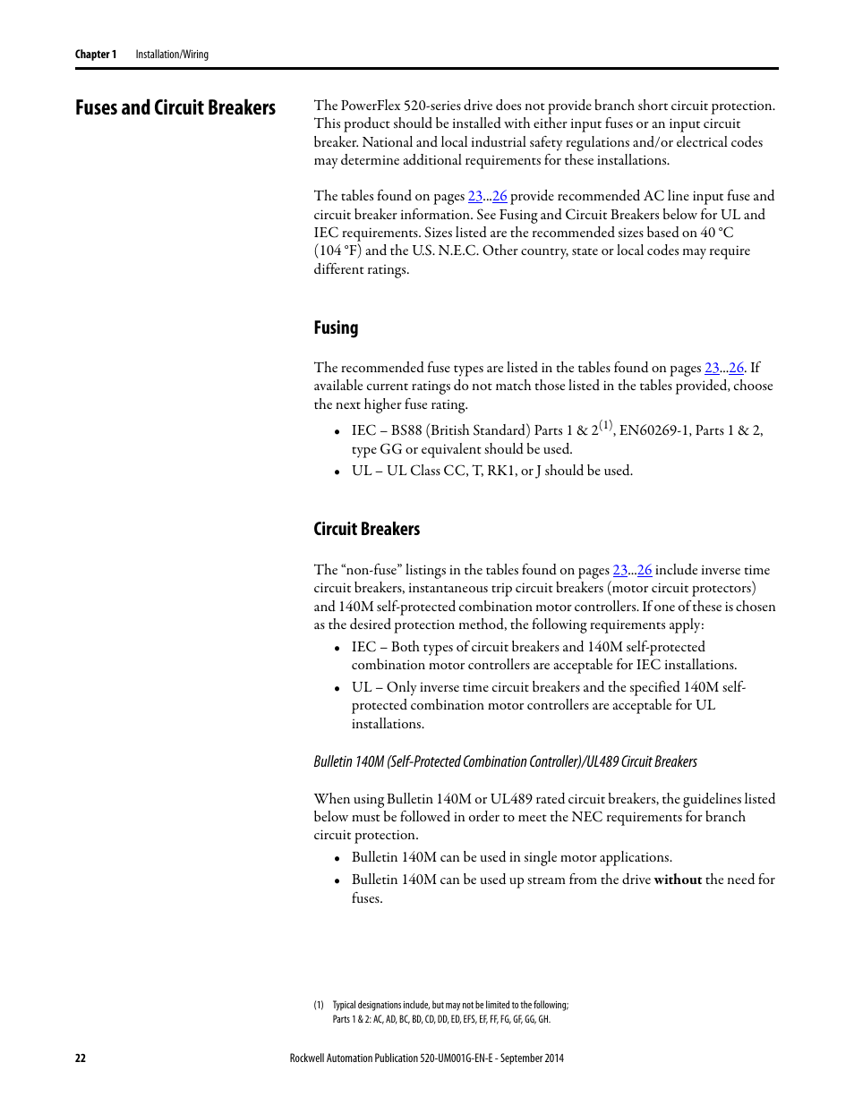 Fuses and circuit breakers, Fusing, Circuit breakers | Rockwell Automation 25B PowerFlex 520-Series Adjustable Frequency AC Drive User Manual User Manual | Page 22 / 244