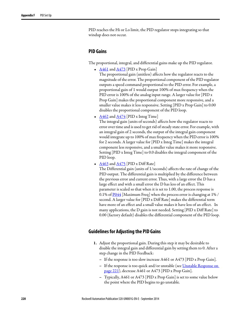 Pid gains, Guidelines for adjusting the pid gains | Rockwell Automation 25B PowerFlex 520-Series Adjustable Frequency AC Drive User Manual User Manual | Page 220 / 244