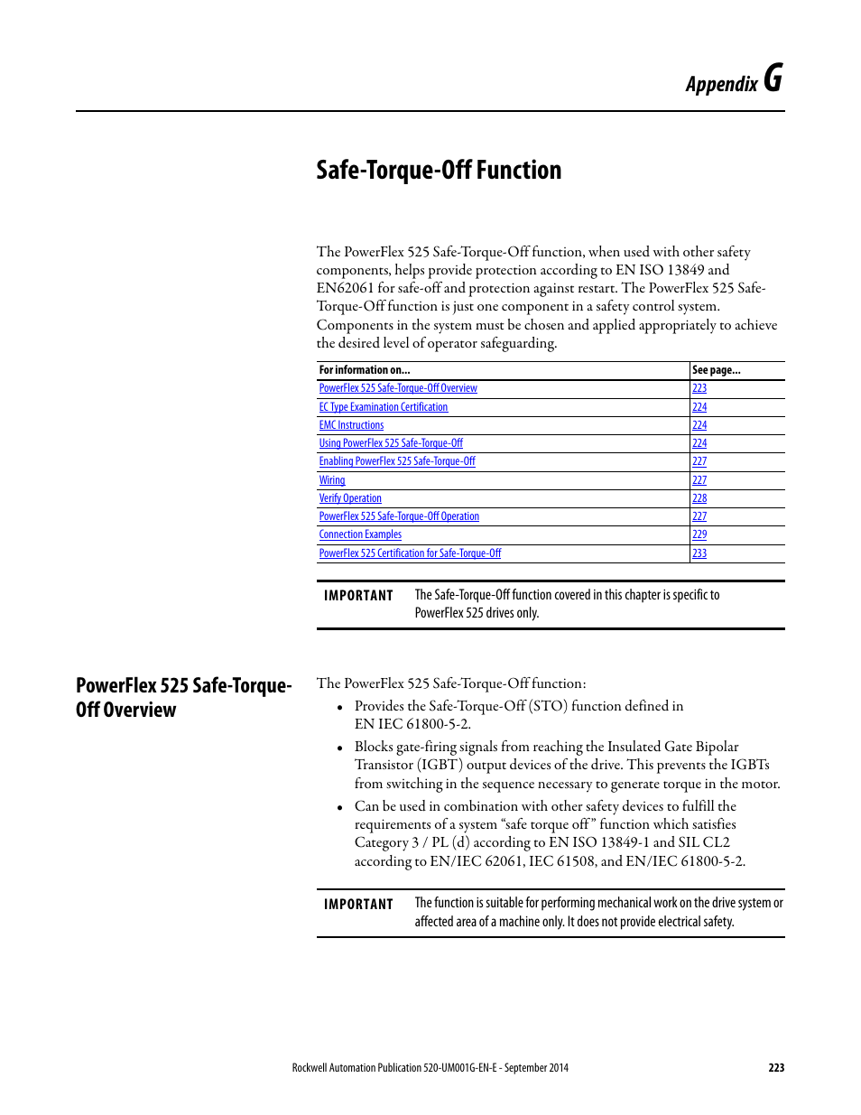 Safe-torque-off function, Powerflex 525 safe-torque- off overview, Appendix g | Powerflex 525 safe-torque-off overview, Appendix | Rockwell Automation 25B PowerFlex 520-Series Adjustable Frequency AC Drive User Manual User Manual | Page 223 / 244