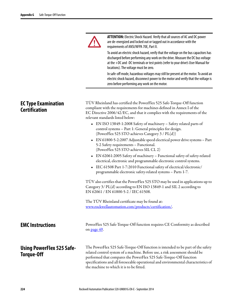 Ec type examination certification, Emc instructions, Using powerflex 525 safe- torque-off | Using powerflex 525 safe-torque-off | Rockwell Automation 25B PowerFlex 520-Series Adjustable Frequency AC Drive User Manual User Manual | Page 224 / 244