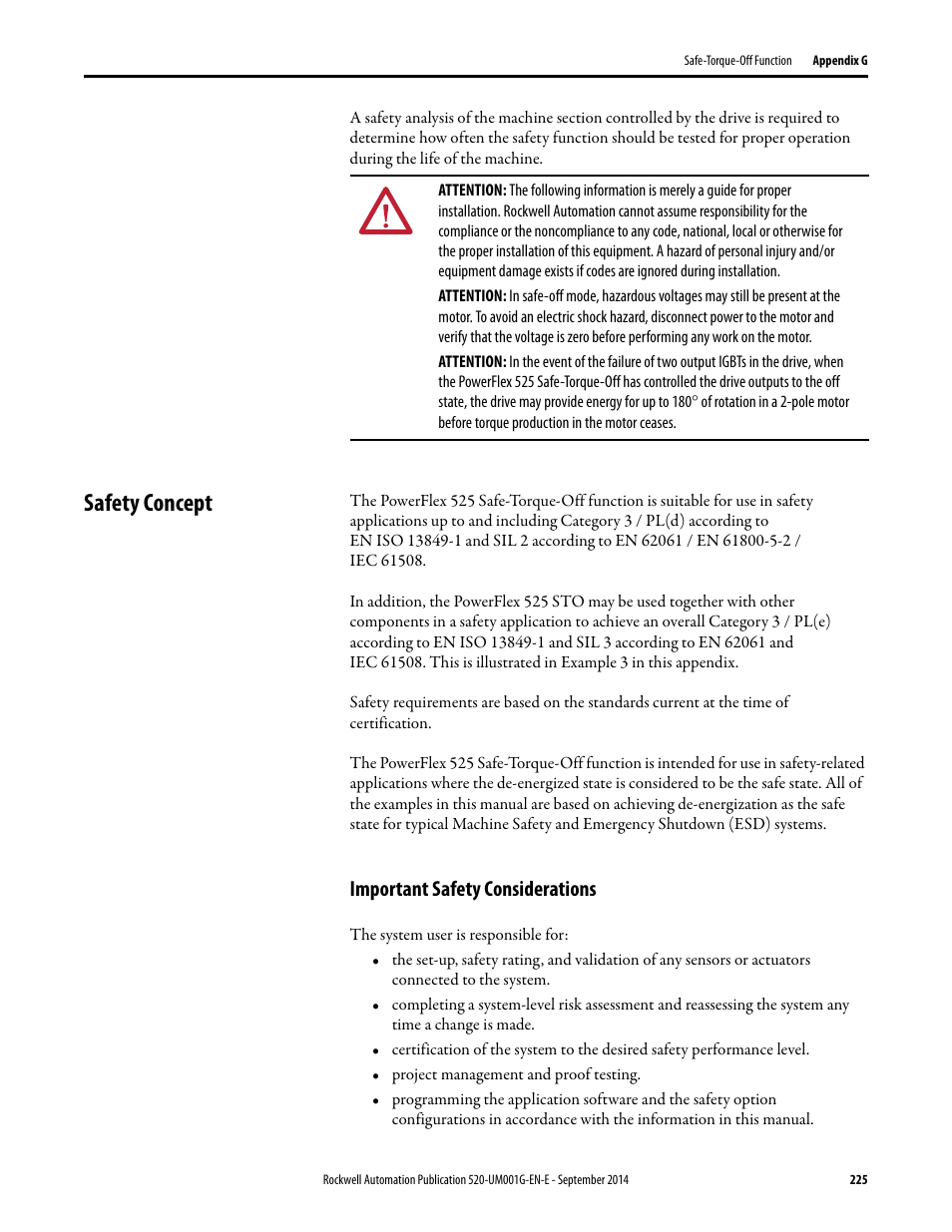 Safety concept, Important safety considerations | Rockwell Automation 25B PowerFlex 520-Series Adjustable Frequency AC Drive User Manual User Manual | Page 225 / 244