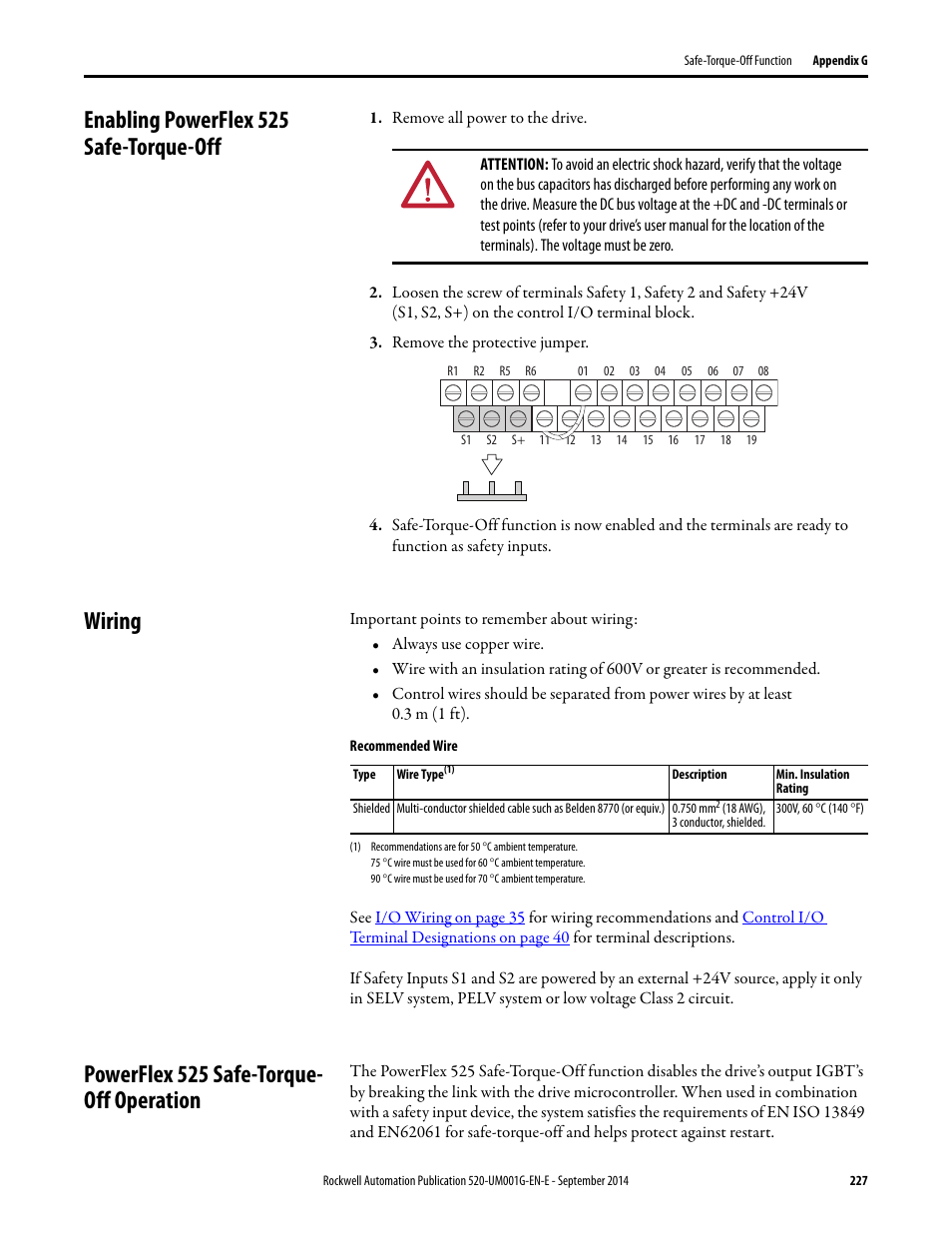 Enabling powerflex 525 safe-torque-off, Wiring, Powerflex 525 safe-torque- off operation | Powerflex 525 safe-torque-off operation | Rockwell Automation 25B PowerFlex 520-Series Adjustable Frequency AC Drive User Manual User Manual | Page 227 / 244