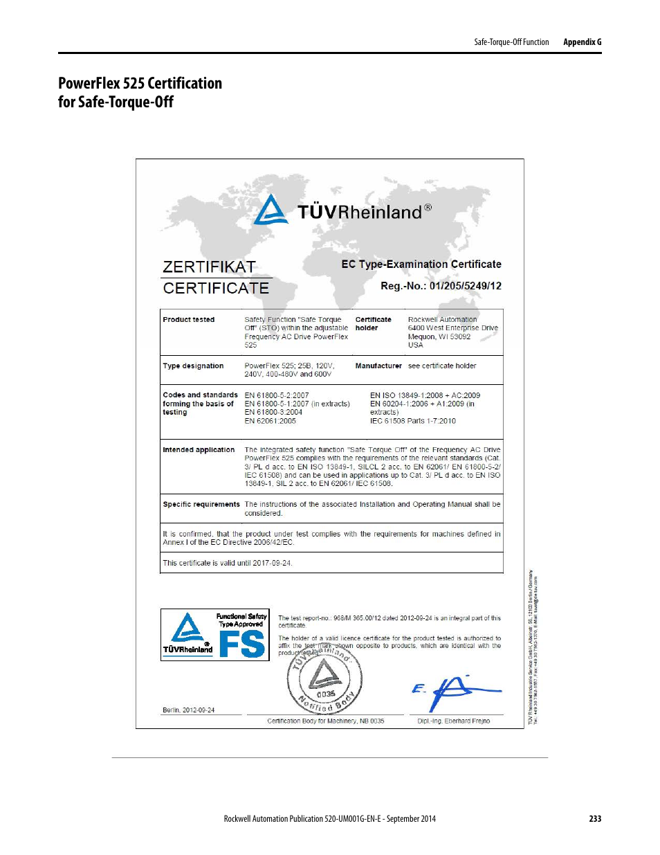 Powerflex 525 certification for safe-torque-off | Rockwell Automation 25B PowerFlex 520-Series Adjustable Frequency AC Drive User Manual User Manual | Page 233 / 244