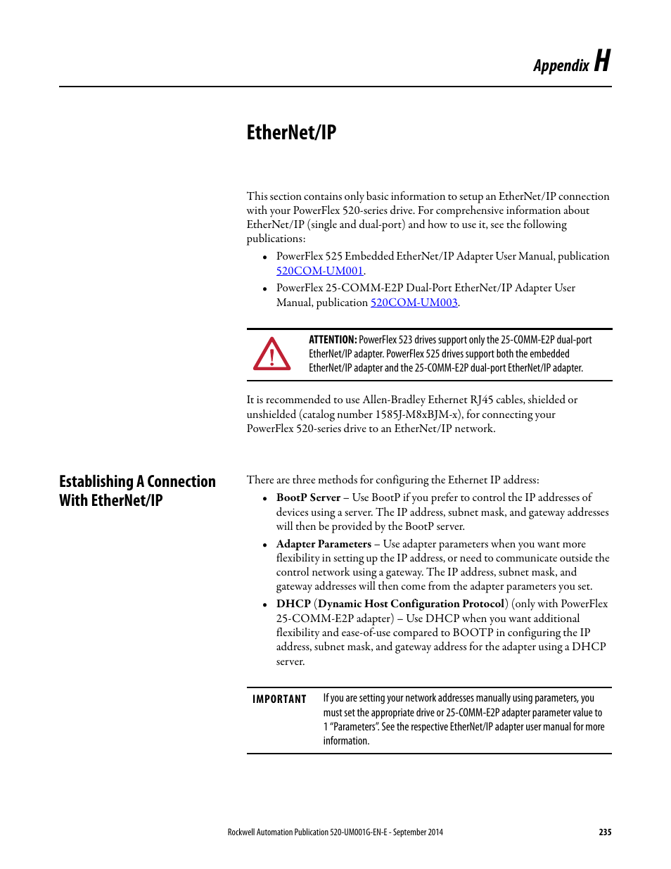 Ethernet/ip, Establishing a connection with ethernet/ip, Appendix h | Appendix | Rockwell Automation 25B PowerFlex 520-Series Adjustable Frequency AC Drive User Manual User Manual | Page 235 / 244