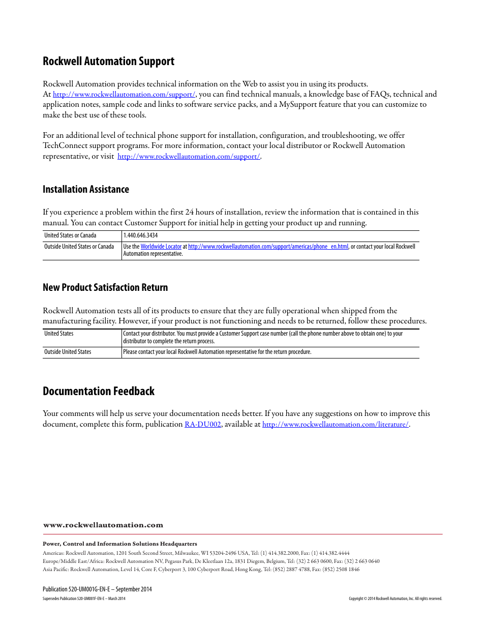 Back cover, Rockwell automation support, Documentation feedback | Installation assistance, New product satisfaction return | Rockwell Automation 25B PowerFlex 520-Series Adjustable Frequency AC Drive User Manual User Manual | Page 244 / 244
