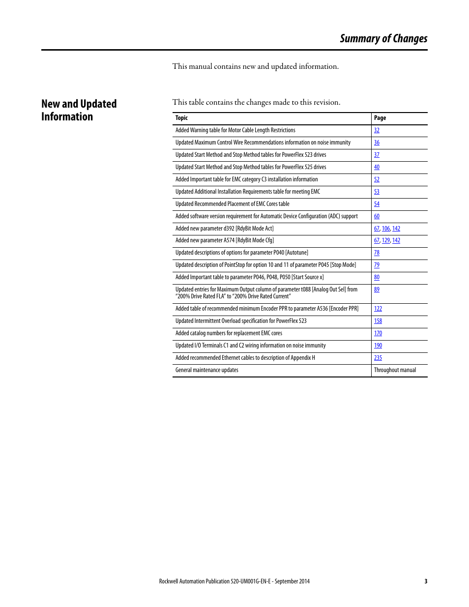 Summary of changes, New and updated information | Rockwell Automation 25B PowerFlex 520-Series Adjustable Frequency AC Drive User Manual User Manual | Page 3 / 244