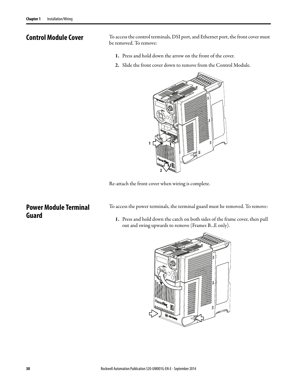 Control module cover, Power module terminal guard, Control module cover power module terminal guard | Rockwell Automation 25B PowerFlex 520-Series Adjustable Frequency AC Drive User Manual User Manual | Page 30 / 244