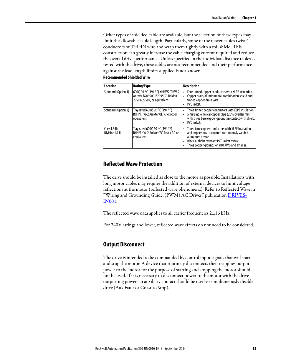 Reflected wave protection, Output disconnect | Rockwell Automation 25B PowerFlex 520-Series Adjustable Frequency AC Drive User Manual User Manual | Page 33 / 244