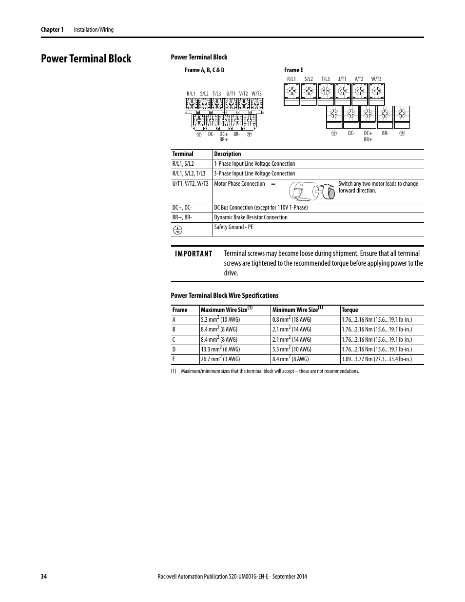Power terminal block | Rockwell Automation 25B PowerFlex 520-Series Adjustable Frequency AC Drive User Manual User Manual | Page 34 / 244