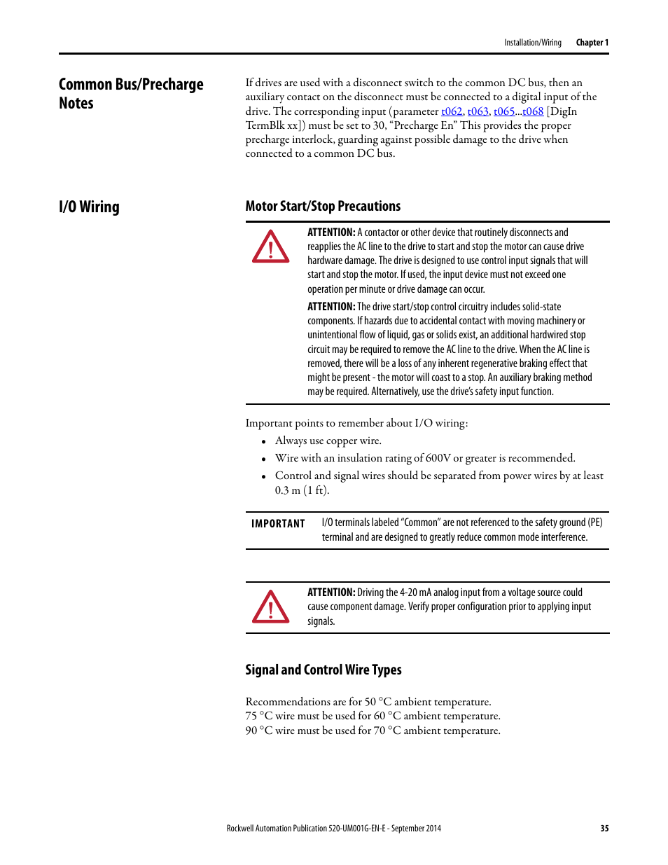 Common bus/precharge notes, I/o wiring, Motor start/stop precautions | Signal and control wire types, Common bus/precharge notes i/o wiring | Rockwell Automation 25B PowerFlex 520-Series Adjustable Frequency AC Drive User Manual User Manual | Page 35 / 244