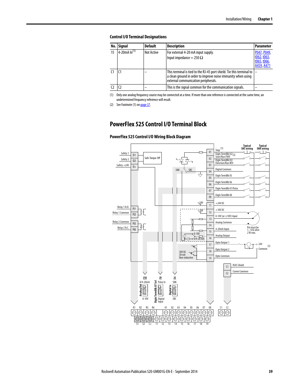 Powerflex 525 control i/o terminal block, Powerflex 525 control i/o wiring block diagram, Control i/o terminal designations | Rockwell Automation 25B PowerFlex 520-Series Adjustable Frequency AC Drive User Manual User Manual | Page 39 / 244