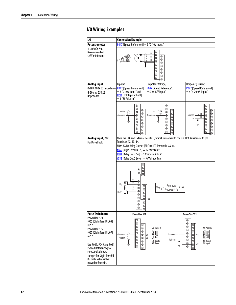 I/o wiring examples | Rockwell Automation 25B PowerFlex 520-Series Adjustable Frequency AC Drive User Manual User Manual | Page 42 / 244