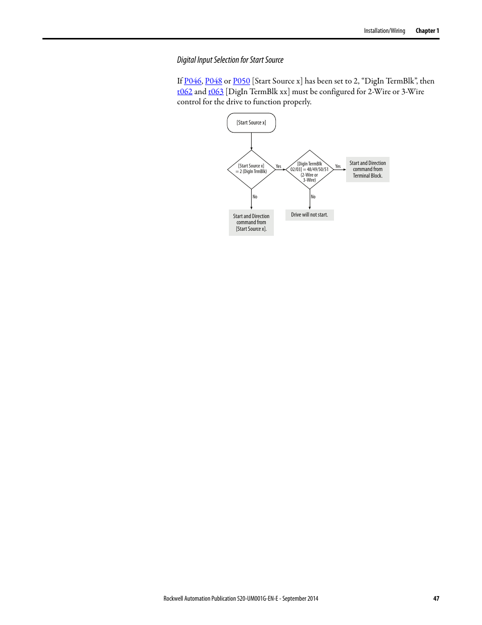 Digital input selection for start source | Rockwell Automation 25B PowerFlex 520-Series Adjustable Frequency AC Drive User Manual User Manual | Page 47 / 244