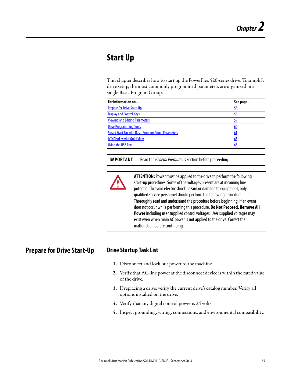 Start up, Prepare for drive start-up, Drive startup task list | Chapter 2, Chapter | Rockwell Automation 25B PowerFlex 520-Series Adjustable Frequency AC Drive User Manual User Manual | Page 55 / 244