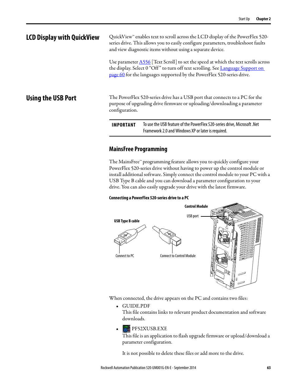 Lcd display with quickview, Using the usb port, Mainsfree programming | Lcd display with quickview using the usb port | Rockwell Automation 25B PowerFlex 520-Series Adjustable Frequency AC Drive User Manual User Manual | Page 63 / 244