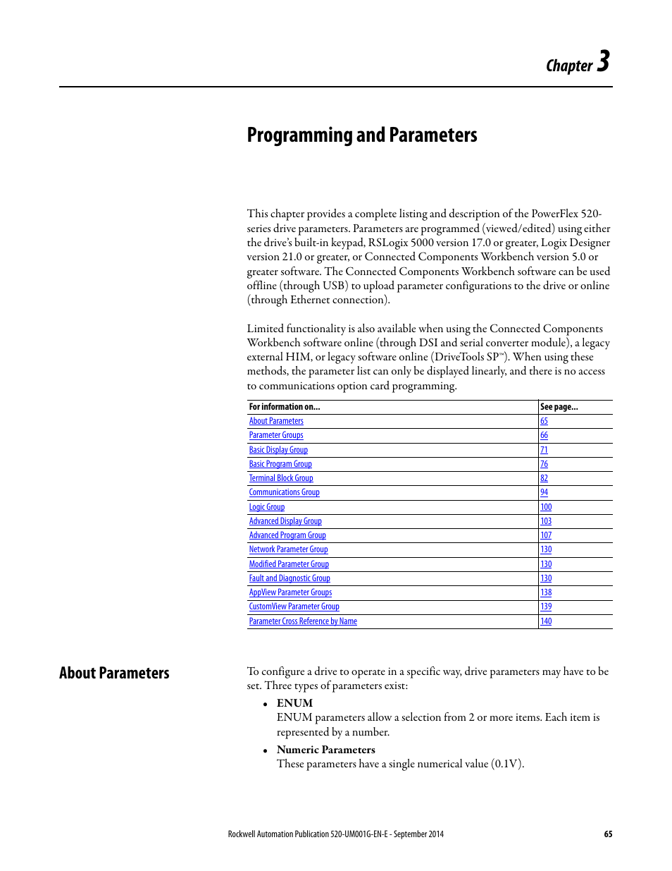Programming and parameters, About parameters, Chapter 3 | Chapter | Rockwell Automation 25B PowerFlex 520-Series Adjustable Frequency AC Drive User Manual User Manual | Page 65 / 244