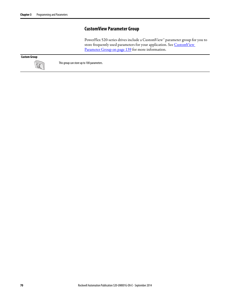 Customview parameter group | Rockwell Automation 25B PowerFlex 520-Series Adjustable Frequency AC Drive User Manual User Manual | Page 70 / 244