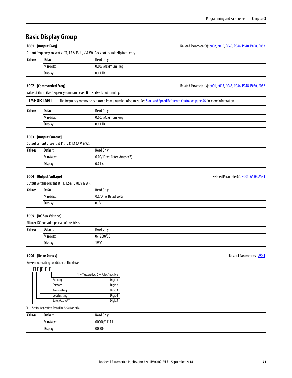 Basic display group | Rockwell Automation 25B PowerFlex 520-Series Adjustable Frequency AC Drive User Manual User Manual | Page 71 / 244