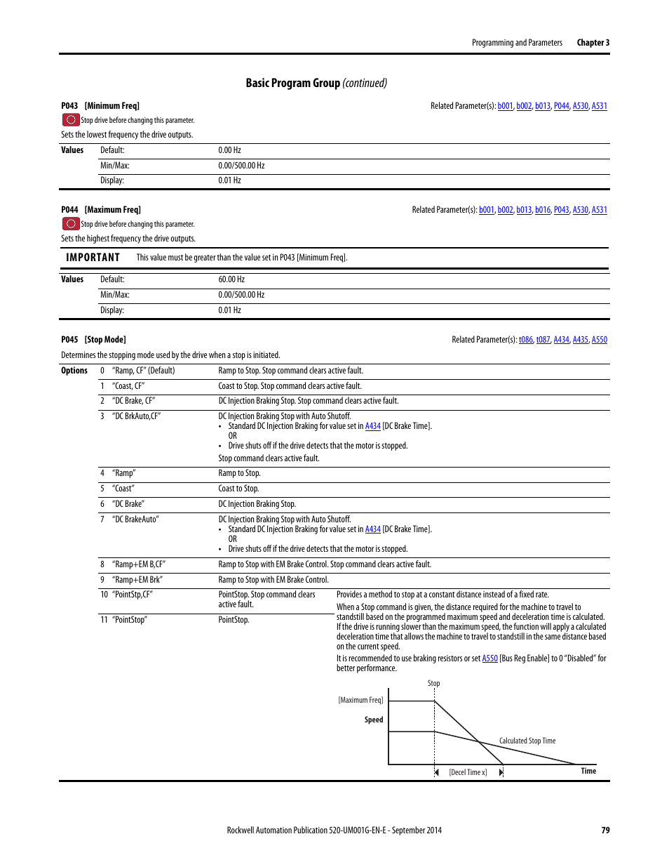 P045, Stop, P043 | P044, Maxim, Maximum, Basic program group (continued) | Rockwell Automation 25B PowerFlex 520-Series Adjustable Frequency AC Drive User Manual User Manual | Page 79 / 244