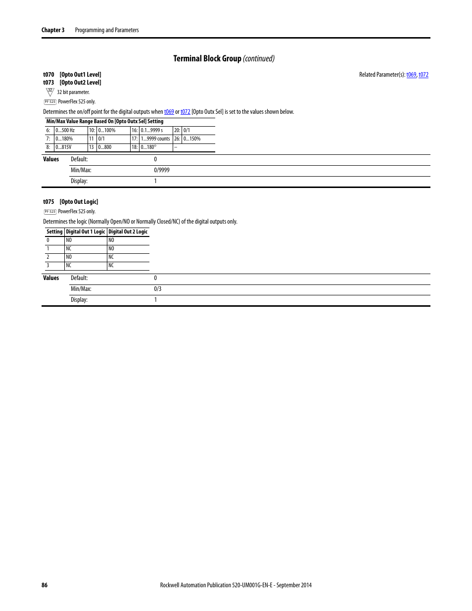 T070, T075, T073 | Terminal block group (continued) | Rockwell Automation 25B PowerFlex 520-Series Adjustable Frequency AC Drive User Manual User Manual | Page 86 / 244