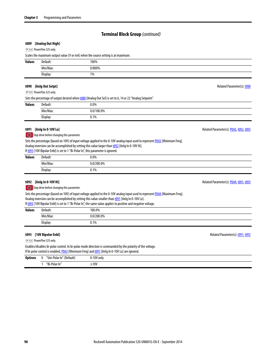 T093, T089, T091 | T092, T090, Terminal block group (continued) | Rockwell Automation 25B PowerFlex 520-Series Adjustable Frequency AC Drive User Manual User Manual | Page 90 / 244