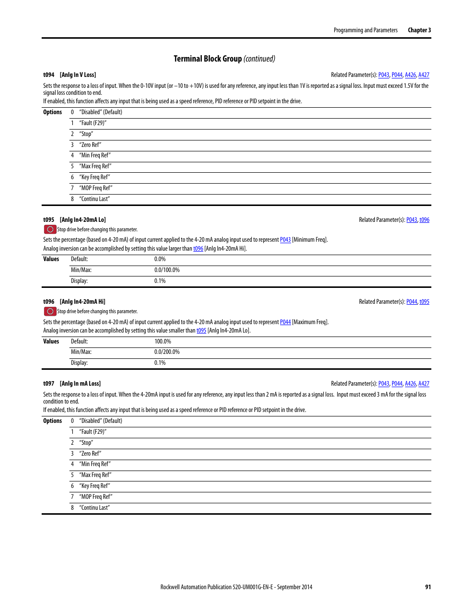 T095, T096, T094 | T097, Terminal block group (continued) | Rockwell Automation 25B PowerFlex 520-Series Adjustable Frequency AC Drive User Manual User Manual | Page 91 / 244