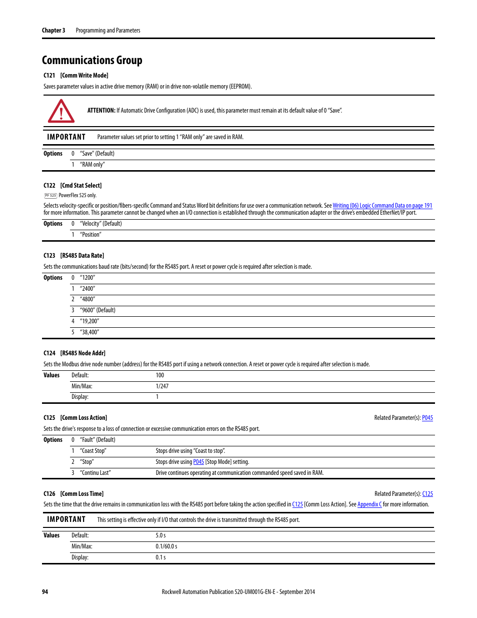 Communications group, C125 | Rockwell Automation 25B PowerFlex 520-Series Adjustable Frequency AC Drive User Manual User Manual | Page 94 / 244
