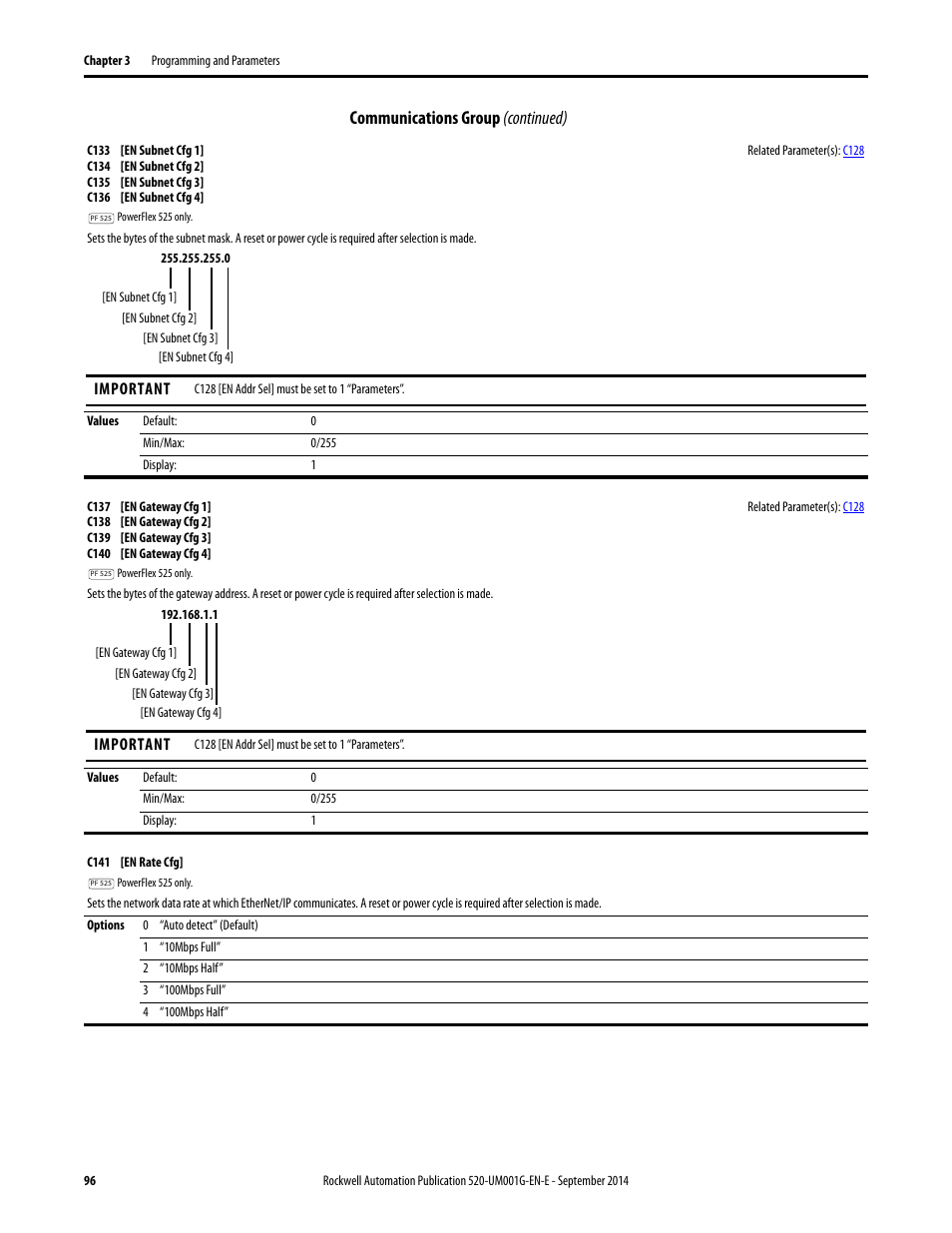 C133, C136, C137 | C140, Communications group (continued) | Rockwell Automation 25B PowerFlex 520-Series Adjustable Frequency AC Drive User Manual User Manual | Page 96 / 244