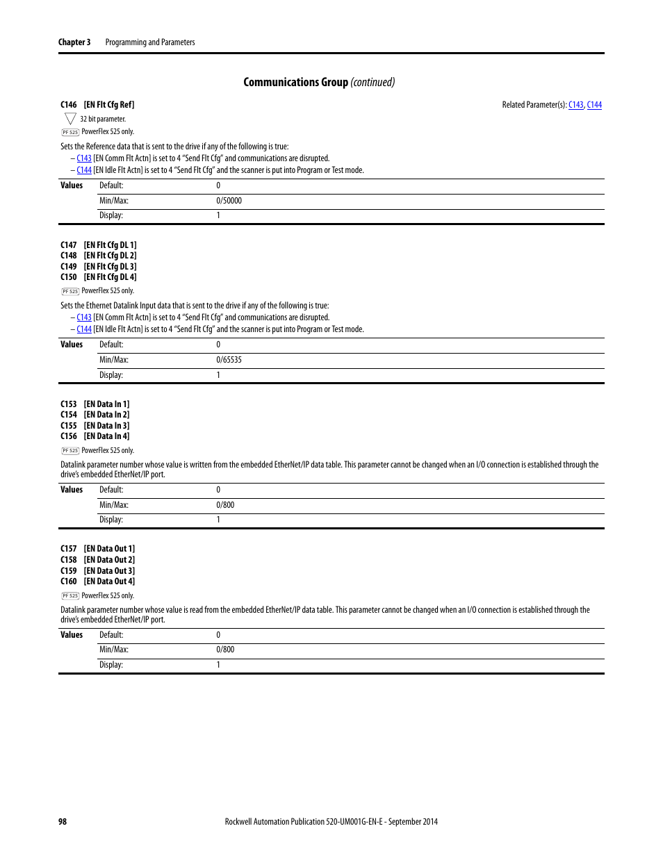 C146, C147, C150 | Communications group (continued) | Rockwell Automation 25B PowerFlex 520-Series Adjustable Frequency AC Drive User Manual User Manual | Page 98 / 244