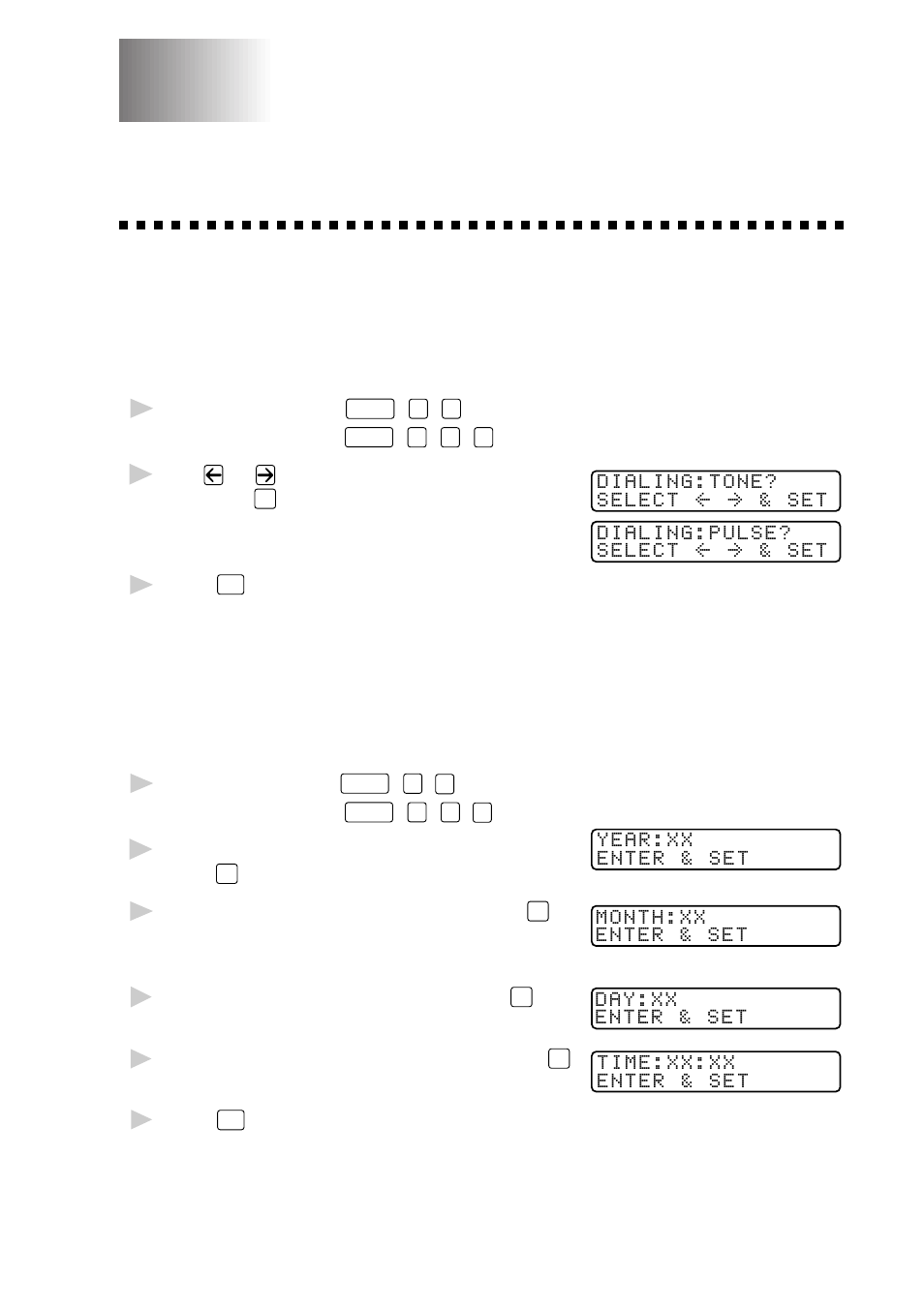 Initial setup, Getting started, Setting dialing mode (tone/pulse) | Setting date and time, Initial setup -1 getting started -1 | Brother MFC 8700 User Manual | Page 45 / 183