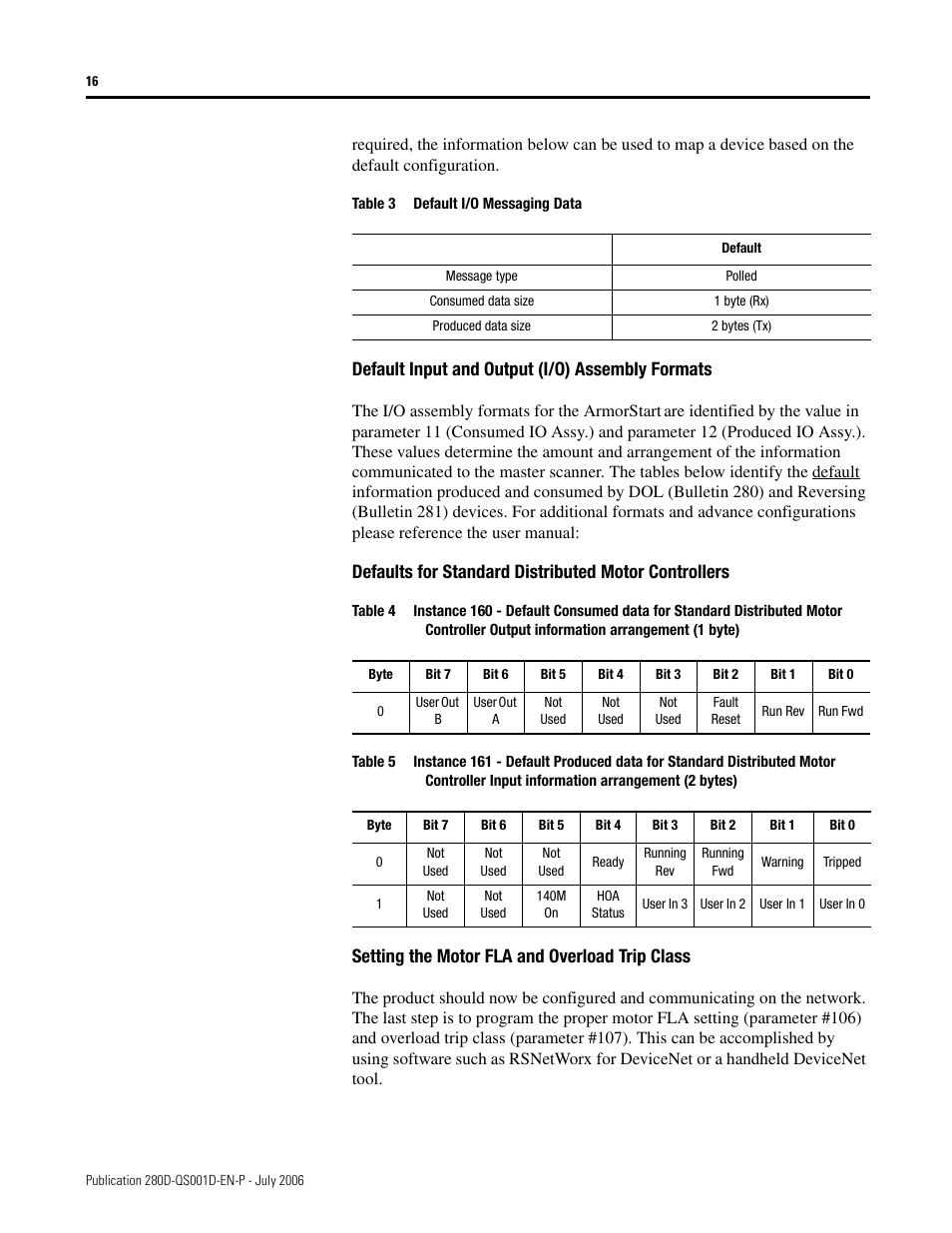 Default input and output (i/o) assembly formats, Setting the motor fla and overload trip class | Rockwell Automation 280D ArmorStart - Getting Started User Manual | Page 16 / 24