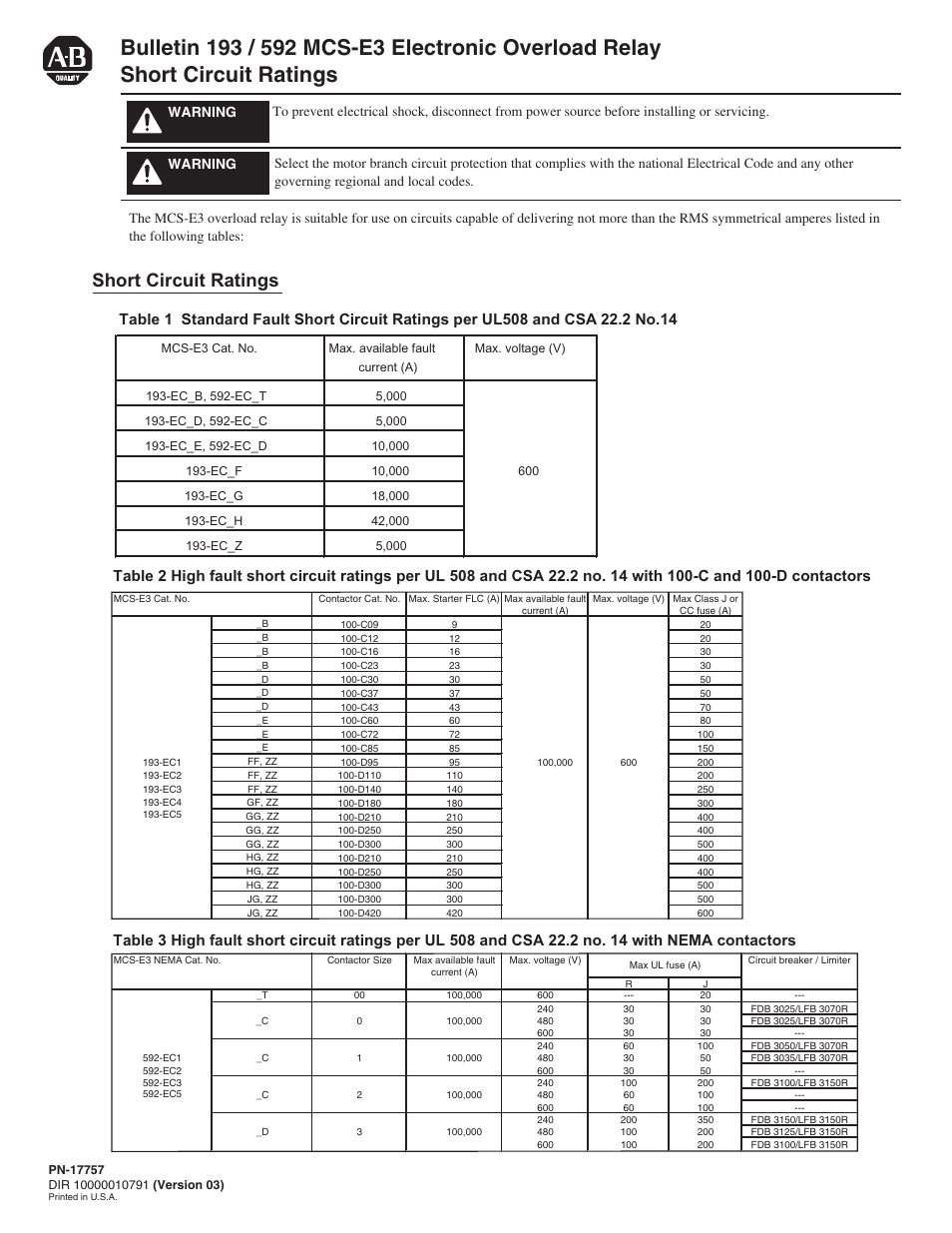 Rockwell Automation 592- MCS-E3 Electronic Overload Relay Short Circuit Ratings User Manual | 2 pages