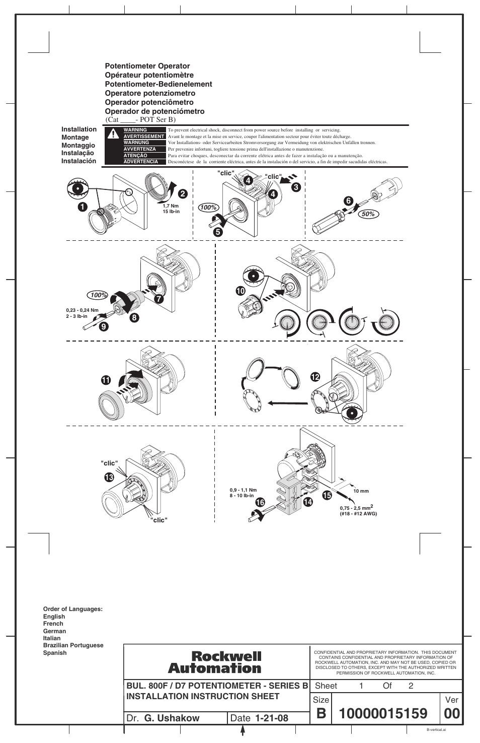Rockwell Automation 800F-POT Potentiometer - Series B User Manual | 2 pages